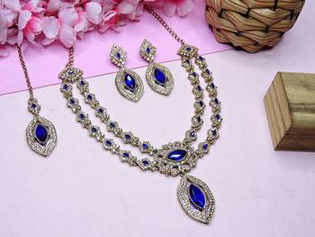 Blue yellow gold premium designer american diamond and stone work necklace set 2