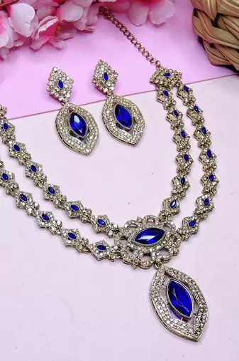 Blue yellow gold premium designer american diamond and stone work necklace set