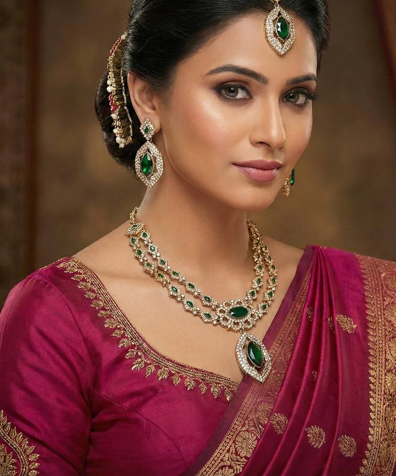 Green yellow gold premium designer american diamond and stone work necklace set