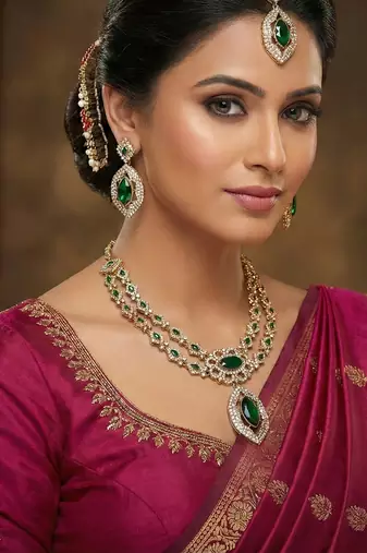 Green yellow gold premium designer american diamond and stone work necklace set