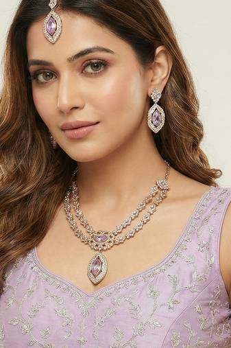 Purple yellow gold premium designer american diamond and stone work necklace set