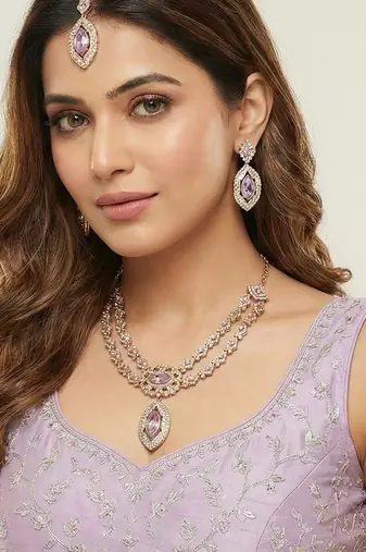 Purple yellow gold premium designer american diamond and stone work necklace set