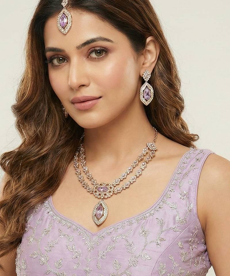 Purple yellow gold premium designer american diamond and stone work necklace set