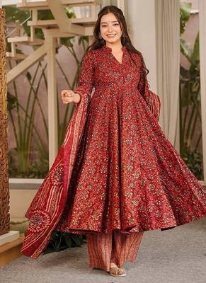 Red maslin digital printed wedding party festival casual ready anarkali palazzo pant salwar kameez 1