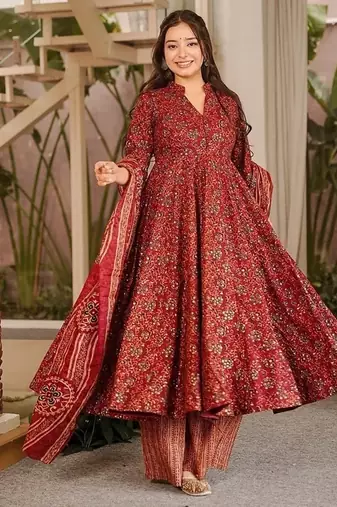 Red maslin digital printed wedding party festival casual ready anarkali palazzo pant salwar kameez
