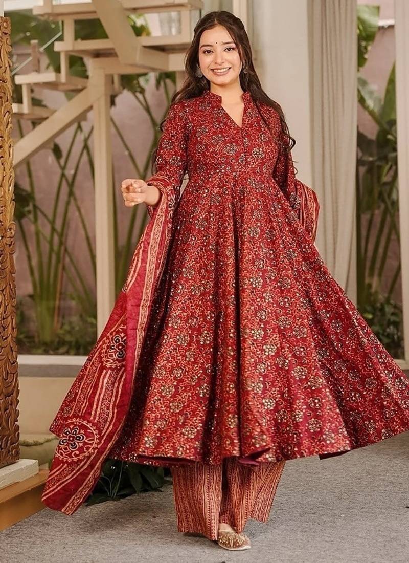 Red maslin digital printed wedding party festival casual ready anarkali palazzo pant salwar kameez