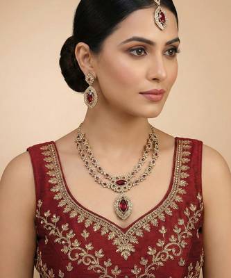 Maroon yellow gold premium designer american diamond and stone work necklace set 1