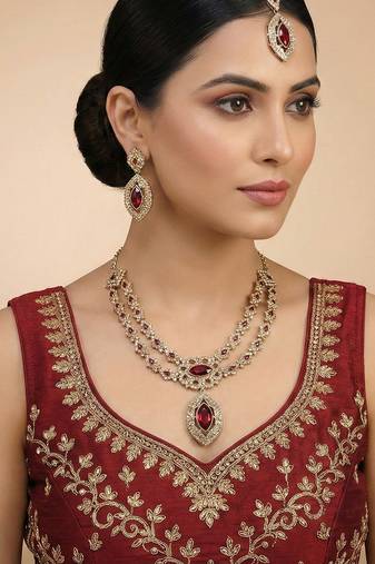 Maroon yellow gold premium designer american diamond and stone work necklace set