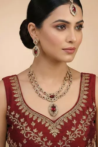 Maroon yellow gold premium designer american diamond and stone work necklace set