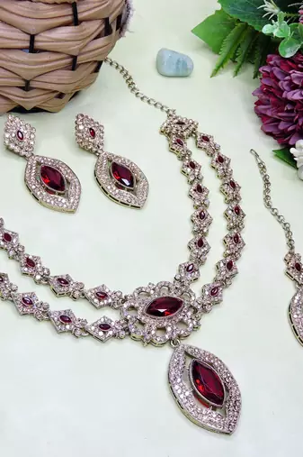 Maroon yellow gold premium designer american diamond and stone work necklace set