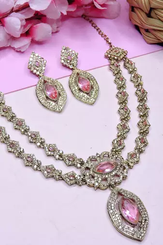 Pink yellow gold premium designer american diamond and stone work necklace set