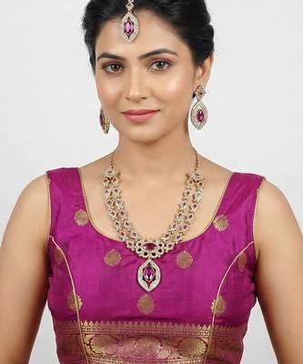 Purple yellow gold premium designer american diamond and stone work necklace set 1