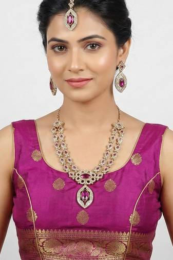 Purple yellow gold premium designer american diamond and stone work necklace set