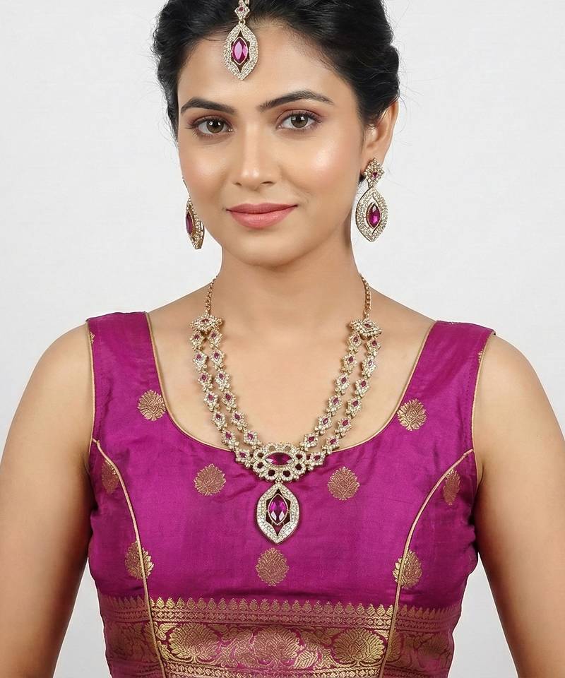Purple yellow gold premium designer american diamond and stone work necklace set