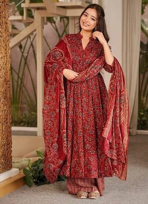 Red maslin digital printed wedding party festival casual ready anarkali palazzo pant salwar kameez 3
