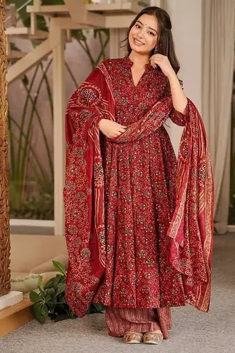 Red maslin digital printed wedding party festival casual ready anarkali palazzo pant salwar kameez