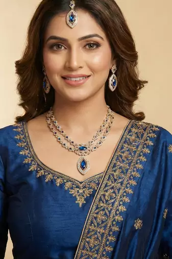 Blue yellow gold premium designer american diamond and stone work necklace set