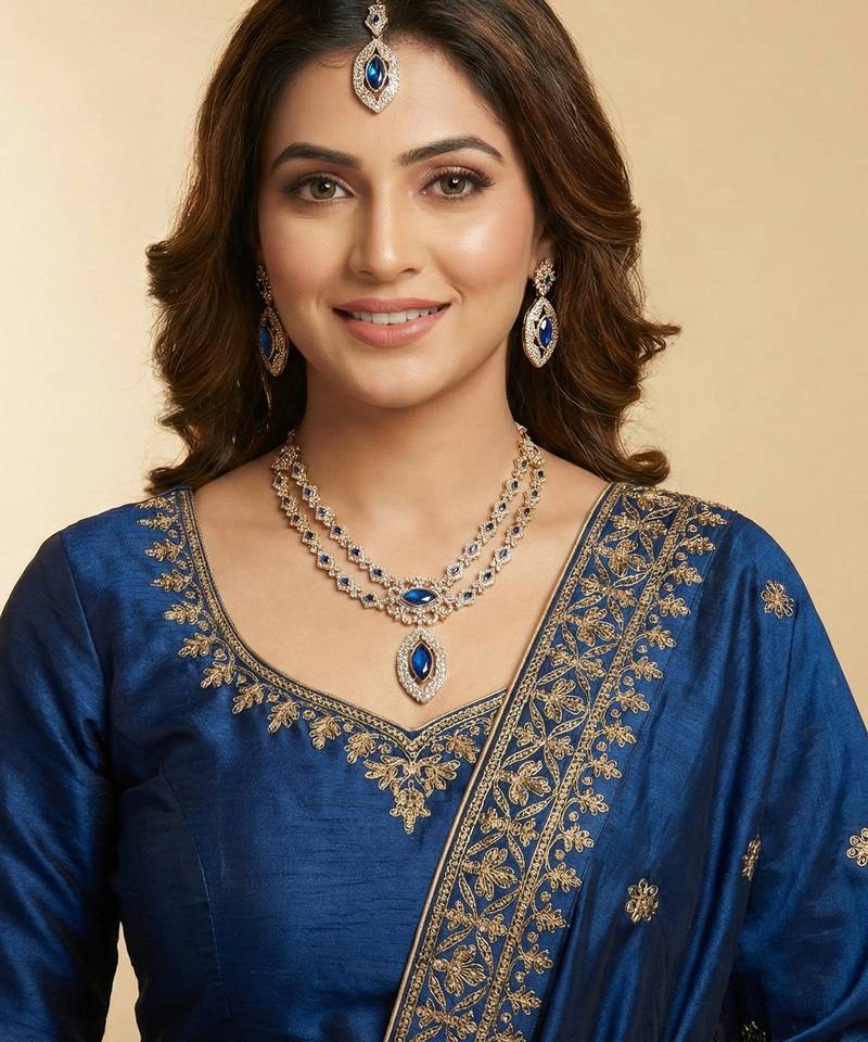 Blue yellow gold premium designer american diamond and stone work necklace set