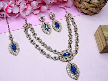 Blue yellow gold premium designer american diamond and stone work necklace set 2