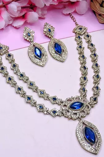 Blue yellow gold premium designer american diamond and stone work necklace set
