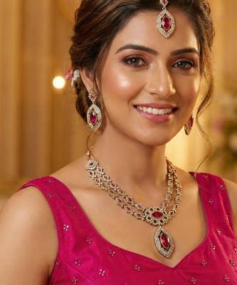 Pink yellow gold premium designer american diamond and stone work necklace set 1