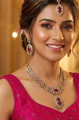 Pink yellow gold premium designer american diamond and stone work necklace set