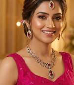 Pink yellow gold premium designer american diamond and stone work necklace set