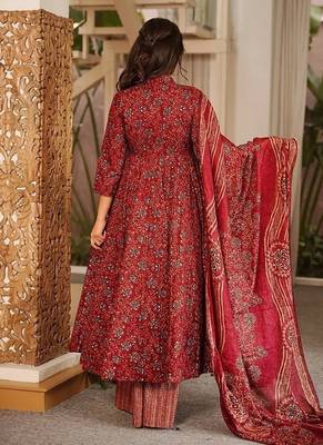 Red maslin digital printed wedding party festival casual ready anarkali palazzo pant salwar kameez 4
