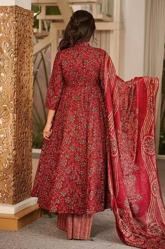 Red maslin digital printed wedding party festival casual ready anarkali palazzo pant salwar kameez