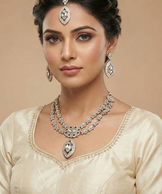 White yellow gold premium designer american diamond and stone work necklace set 1