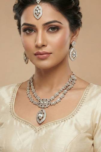 White yellow gold premium designer american diamond and stone work necklace set
