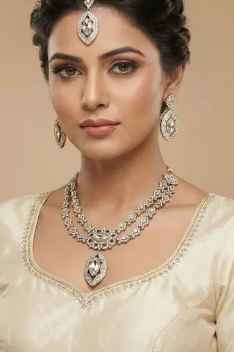 White yellow gold premium designer american diamond and stone work necklace set