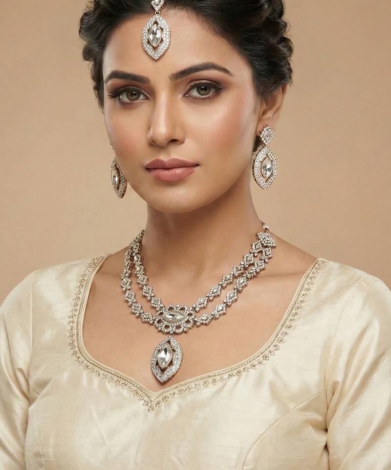 White yellow gold premium designer american diamond and stone work necklace set