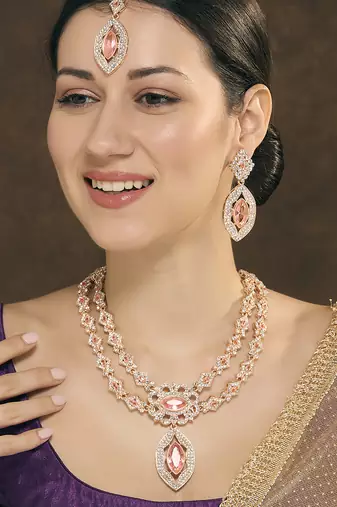 Pink rose gold premium designer american diamond and stone work necklace set