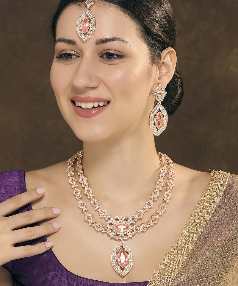 Pink rose gold premium designer american diamond and stone work necklace set