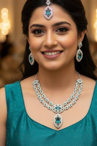 Green rhodium premium designer american diamond and stone work necklace set