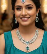 Green rhodium premium designer american diamond and stone work necklace set