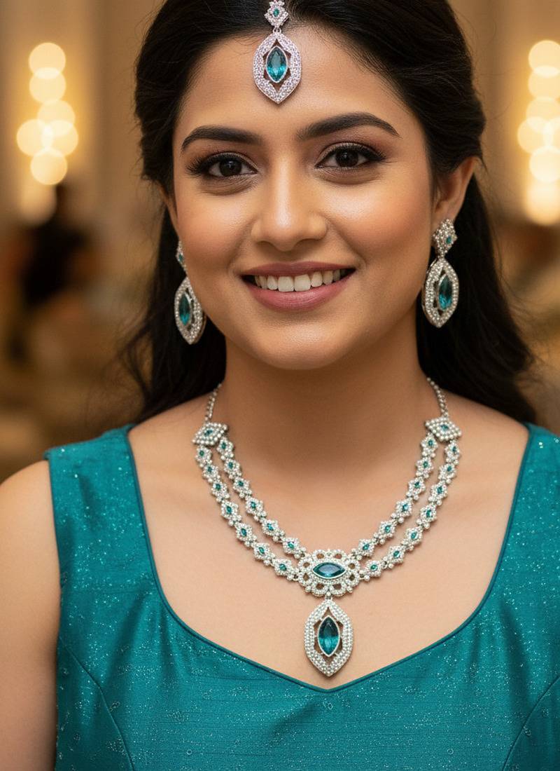 Green rhodium premium designer american diamond and stone work necklace set