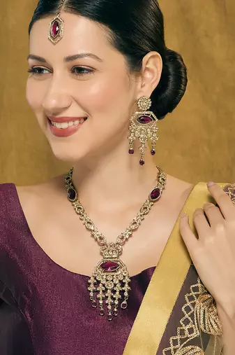Purple yellow gold premium designer american diamond and stone work necklace set