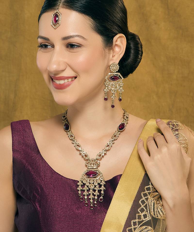 Purple yellow gold premium designer american diamond and stone work necklace set