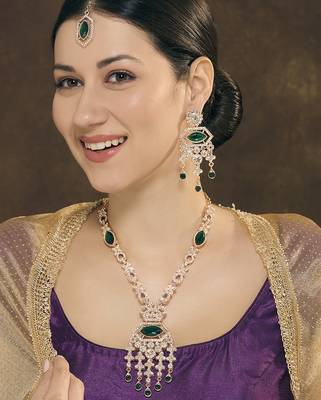Green rose gold premium designer american diamond and stone work necklace set 1