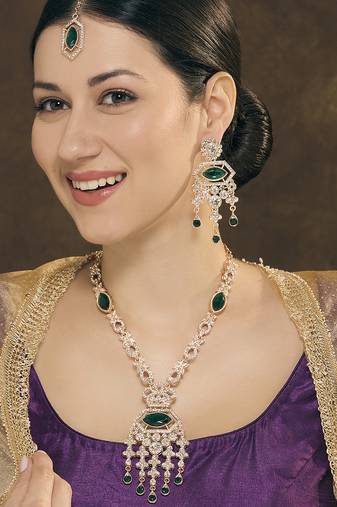 Green rose gold premium designer american diamond and stone work necklace set