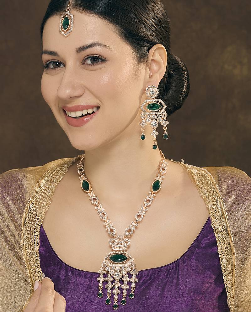 Green rose gold premium designer american diamond and stone work necklace set