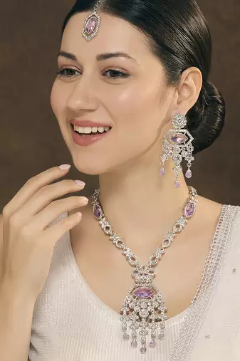 Purple rhodium premium designer american diamond and stone work necklace set