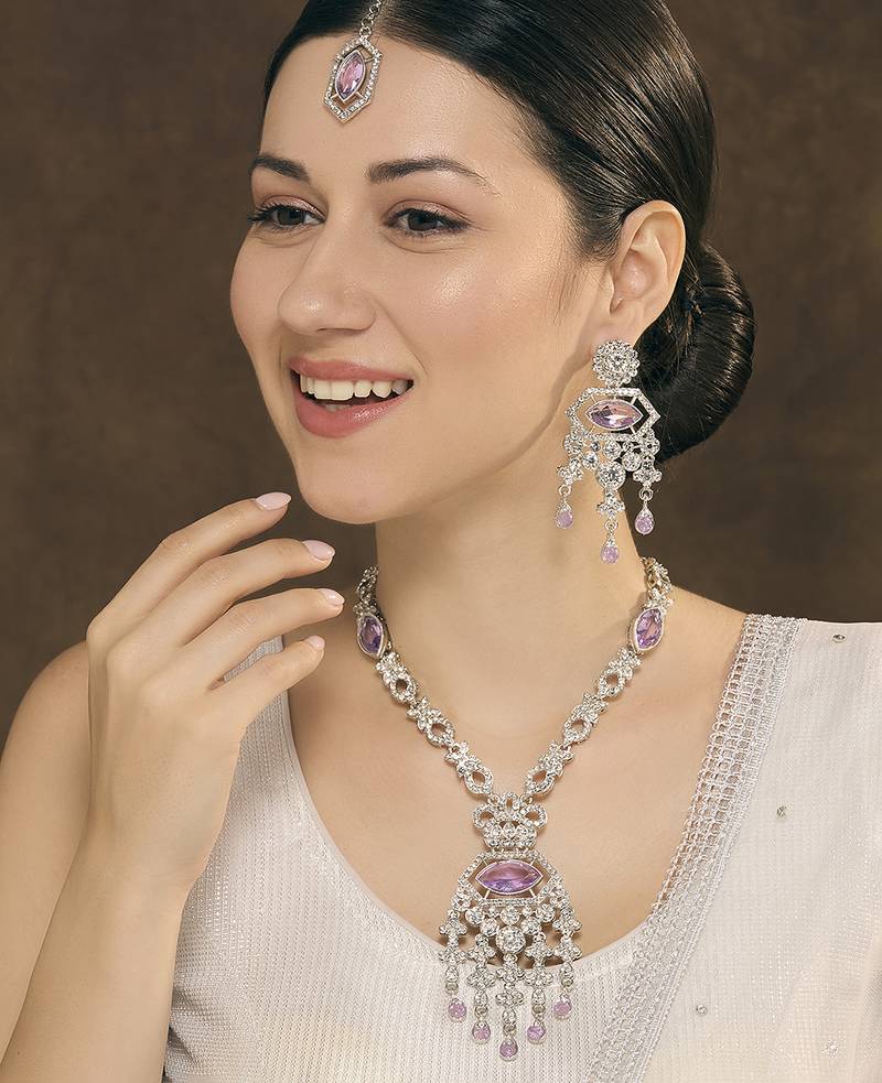 Purple rhodium premium designer american diamond and stone work necklace set