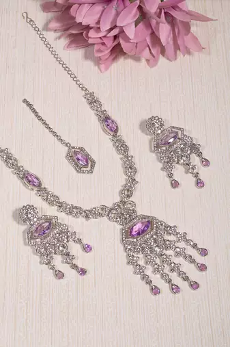 Purple rhodium premium designer american diamond and stone work necklace set