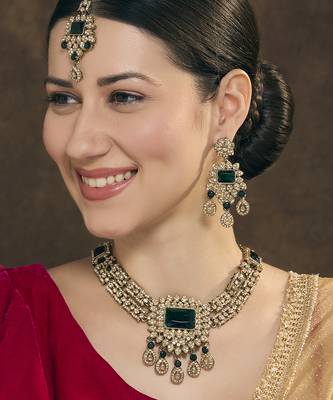 Green yellow gold premium designer american diamond and stone work necklace set 1