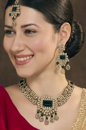 Green yellow gold premium designer american diamond and stone work necklace set