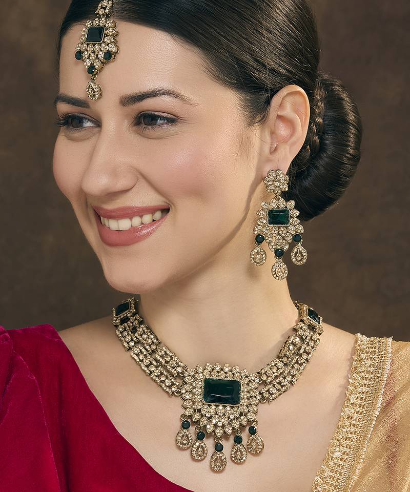Green yellow gold premium designer american diamond and stone work necklace set
