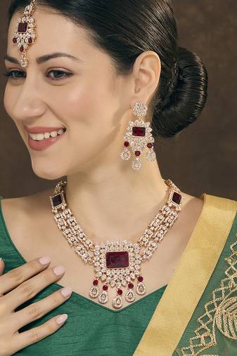 Maroon rose gold premium designer american diamond and stone work necklace set